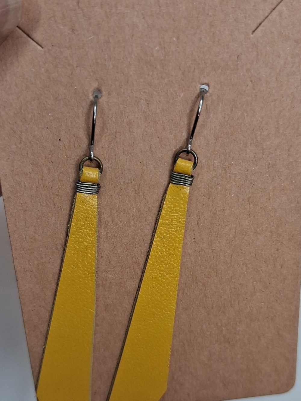 Yellow Leather Geometric Drop Earrings Handmade Dangle Earrings - Picture 3 of 6